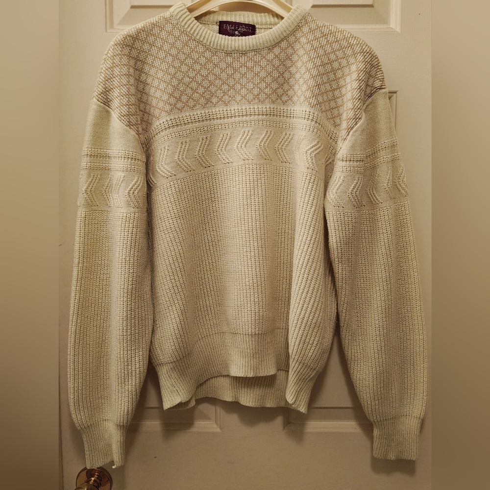 Vtg 90s Eagle Point Cream & Tan Acrylic Knit Multi Pattern Cosby Grampa Sweater